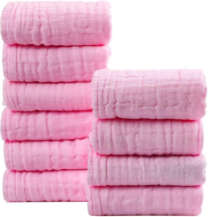 Muslin Baby Burp Cloths 10 Pack Large 100 Cotton Hand Washcloths 6 Layers Extra Absorbent and Soft (Pack of 10,Pink)