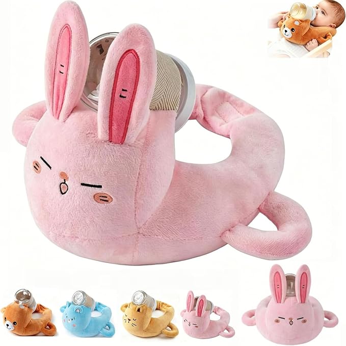Plush Bottle Holder Pillow, Hands Free Feeding Nursing Assistant, Ergonomic Bottle Support Cushion, Soft Animal Cover Protector, Machine Washable, Neck Pillows, Bottle Not Included (Bunny)