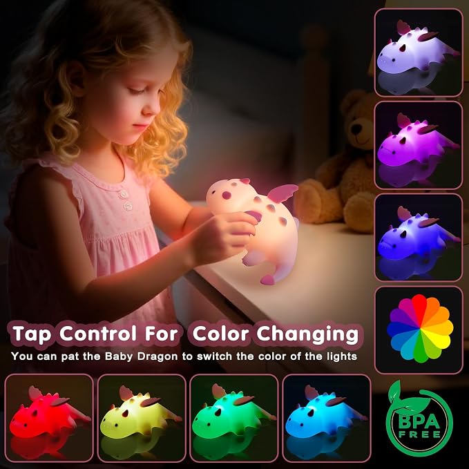 Cute Baby Dragon Kids Night Light for Kids,Cute Soft Silicone Lamp 3 Level Dimmable Changing Rechargeable Breastfeeding Nursery Portable Kawaii Lamps,Bedside Lamp for Baby and Toddler,Boy Girls（Pink）