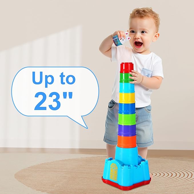 iPlay, iLearn Baby Stacking Toys, Toddler Nesting Stack Cups, Infant Stackable Block, Kids Sorting Game W/Shape Sorter for Sand Bath, Birthday Gift for 12 18 24 Month 1 2 3 Year Old Boys Girls