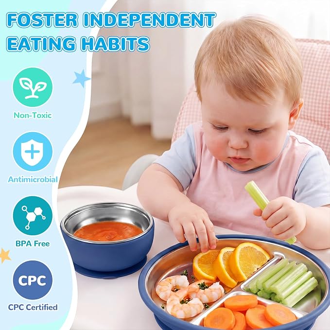 Havawish 4 Pcs Stainless Steel Baby Plate and Bowl with Suction, 8.3" Kid Divided Plate 4" Toddler Bowl with Removable Silicone, BPA-free Non-slip Baby Feed Set Dishwasher Safe for Boy Girl (Teal)