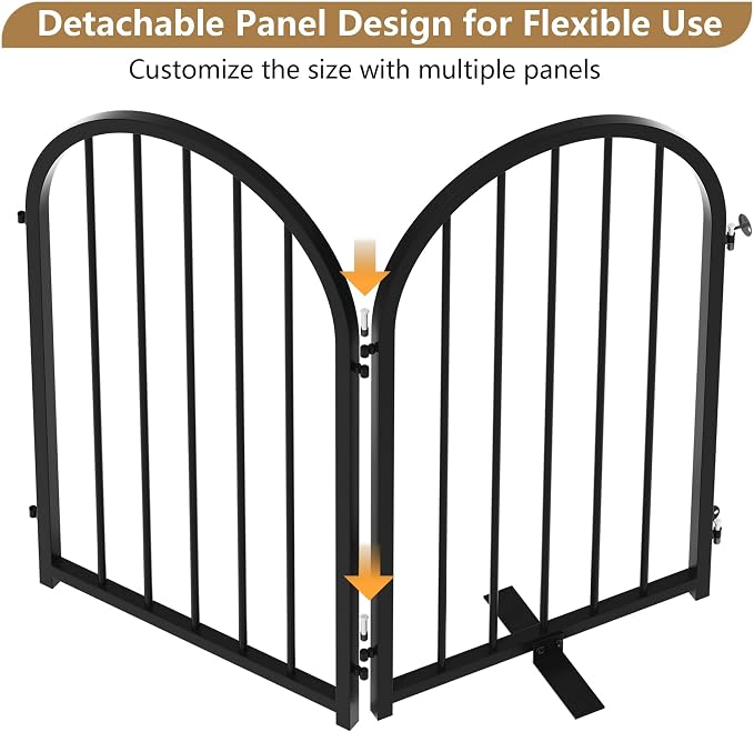 PUPETPO Full Metal Dog Gate with Door for Indoor Outdoor, 24" Tall Free Standing Pet Dog Fence, 72" Extra Wide Pet Gates for Stairs, Hallways, Doorways, Kitchen, Decks, Yards (Black, 4 Panels)