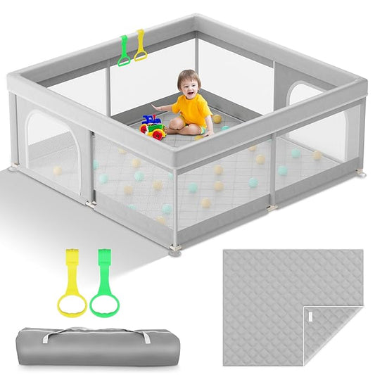 Omzer Baby Playpen with Mat 50x50inch: Large Playpen for Babies and Toddlers Indoor Safety Play Pen with Soft Breathable Mesh - All-Wrapped Sponge Sturdy Play Yard with Stable Magic Sticker