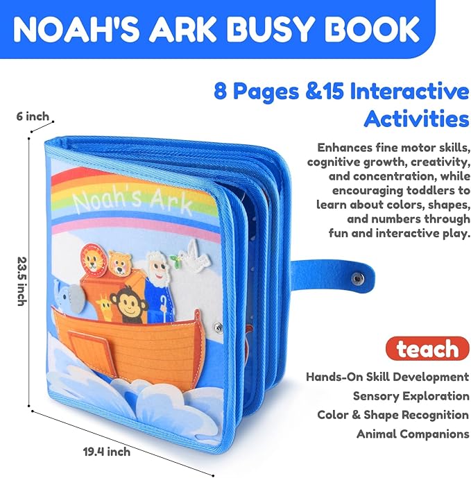 Noah’s Ark Busy Book for Toddlers 1-3, Montessori Quiet Book with 20 Activities, Travel Toy for Fine Motor Learning, Gift for Boys Girls