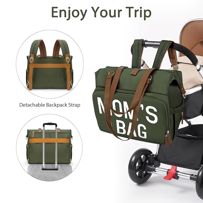 Pripher Mom‘s Diaper Bag 4 in 1 Diaper Baby Tote, Hospital Bag for Labor & Delivery, Large Waterproof Baby Travel Weekender with 3 Insulated Pockets,Olive Green