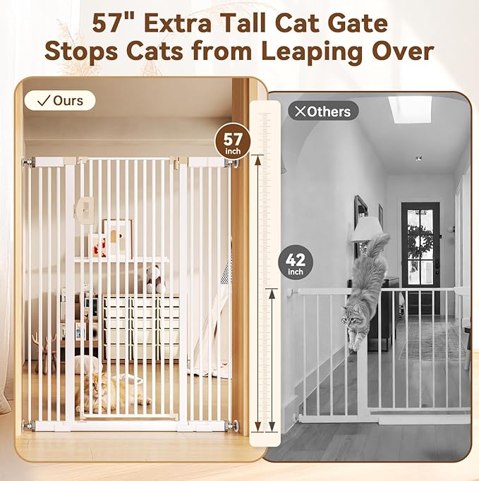 Fldofaves Extra Tall Pet Gate, 57" Cat Gate for Doorway, Pressure Mounted Auto Close Dog Gate, Ultra Narrow Bar Spacing No Drill Gate for Stairs, Doorways, Hallways, Fits 29.5"-43" Openings