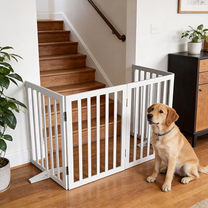 Dog Gate Indoor, Freestanding Dog Fence for The House, Doorways, Hallways,or Stairs,Pet Gate Foldable Wooden,Expandable 24" Height 3 Panels,White
