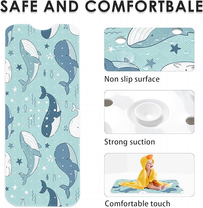 Whale Ocean Bathtub Shower Mat Cute Star Non-Slip Tub Extra Long Bath Floor 40X16 Inch Machine Washable for Bathroom Tub Bath Mat for Toddler and Baby