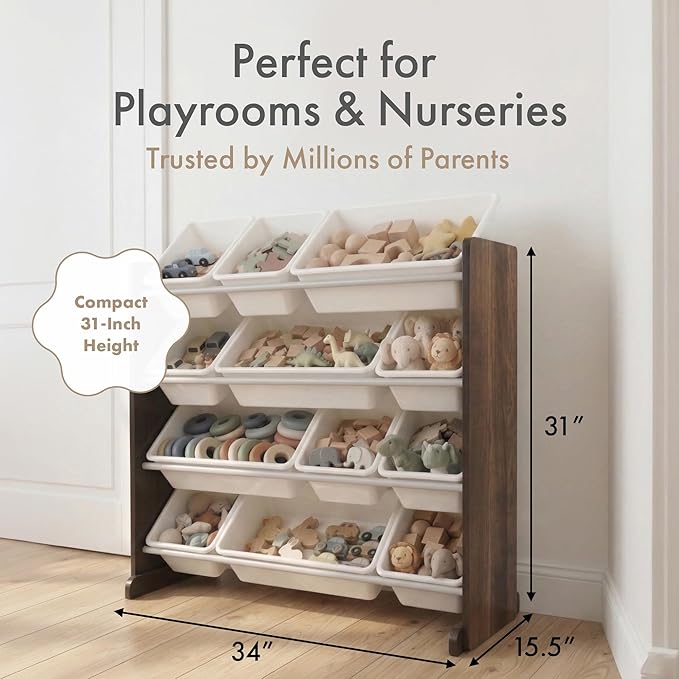 Humble Crew Kids Toy Storage Organizer with 12 Plastic Bins, Espresso/White ??Removable Bins for Playroom, Bedroom, Toddler Furniture for Boys and Girls Ages