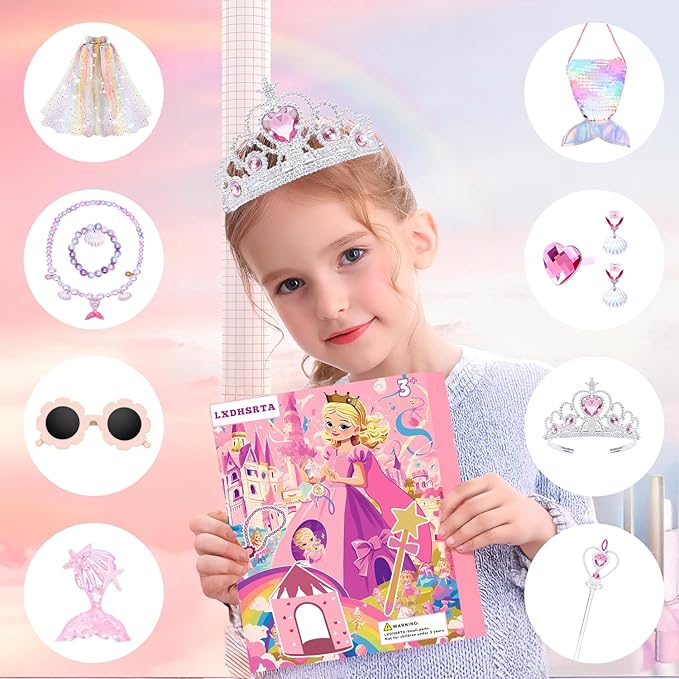 13 Pcs Princess Castle Play Tent with LED Star Lights - Princess Dress-Up Set with Crown for Little Girls - Play Toy Tent - Indoor and Outdoor Girls Castle Playhouse Tent - Rainbow
