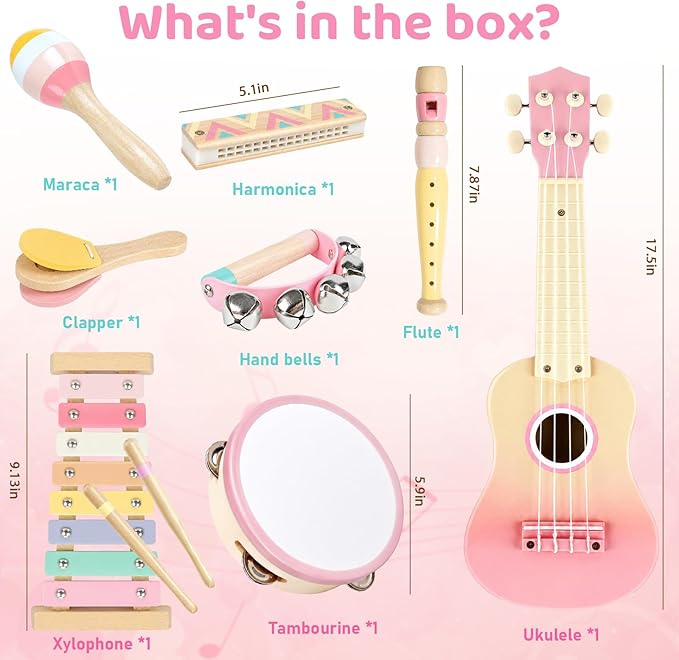 Pink Kids Guitar Set - 8 in 1 Toddler Musical Instruments,Montessori Wooden Ukulele Xylophone Tambourine Maracas Flute,Toy Guitar for Toddler Girl Ages 1-3, 2 3 4 Year Old Girl Birthday Gift
