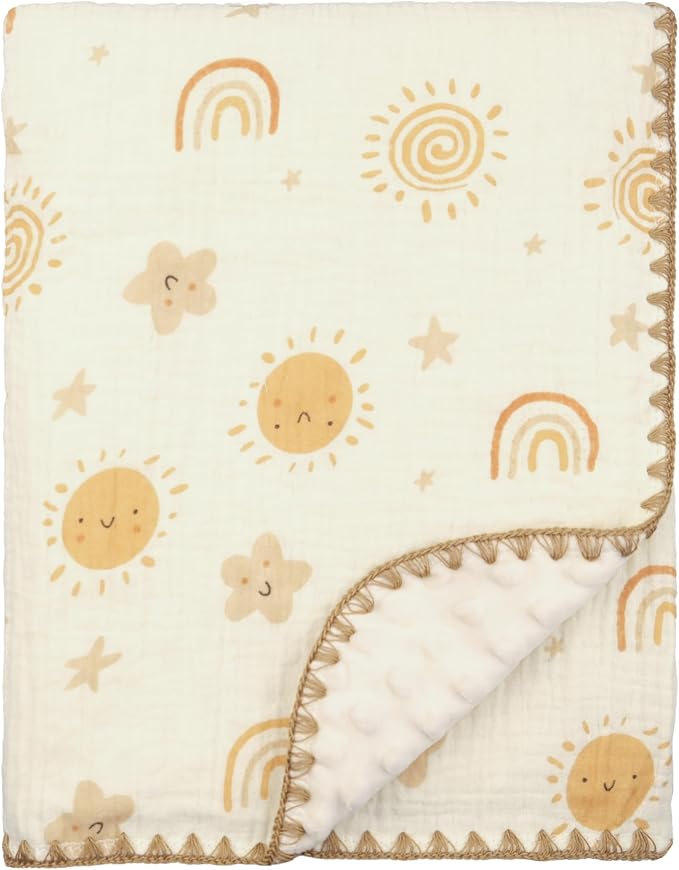 Baby Blanket 40x40 Inches,Muslin Cotton and Minky Dotted Double Layer Soft Receiving Blanket for Newborn Toddler,Boho Sky