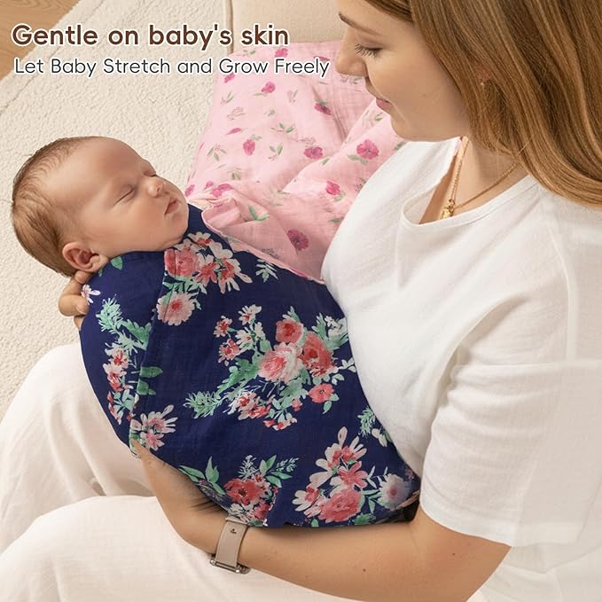 david's kids 4 Pack Baby Muslin Swaddle Blankets,100% Cotton and Ultra Soft Breathable Receiving Blanket Wrap for Girls, New Born Essentials, Large 47 x 47 inches, Floral Flowers/Pink