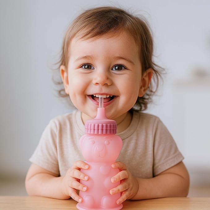 TalkTools Honey Bear Silicone Straw Cup, Dishwasher Safe Baby Drinking Bottle,Premium Food-Grade Material, Honeybear Sippy Cup for Ages 4+ Months, Kids and Toddlers (Single 8oz)-Bubblegum