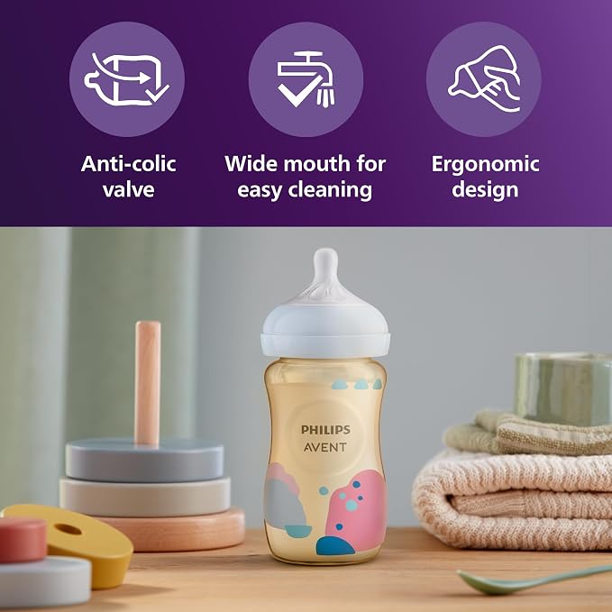Philips Avent PPSU Natural Baby Bottles with Medium Flow Nipples (Flow 3), 9oz, with Decoration, SCY943/02, (Pack of 12)