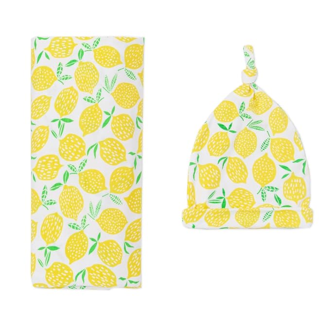 Little Sleepies Swaddle & Hat Set, Baby Swaddles Newborns, Soft Viscose from Bamboo Swaddle Blanket Wrap (Lemons)