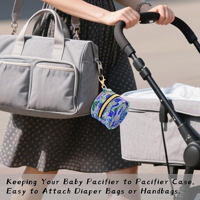 Pacifier Holder with Clip Pacifier Case for Diaper Bag Round Baby Pacifier Pouch Box Bag Portable Turquoise Bluebonnets Small Flowers