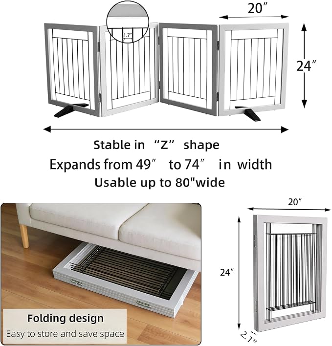 Dog Fence Indoor - 4-Panel Freestanding Dog Gate for Doorways, Hallways, House or Stairs -80x24-Inch Retractable Foldable Expandable Wood Pet by SFJC (Grey)