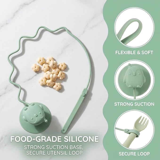 Toy Strap Spoons for Infant Spoon Fork Set Holder Anti-drop Chain Silicone Suction Cup Toddler Green Color