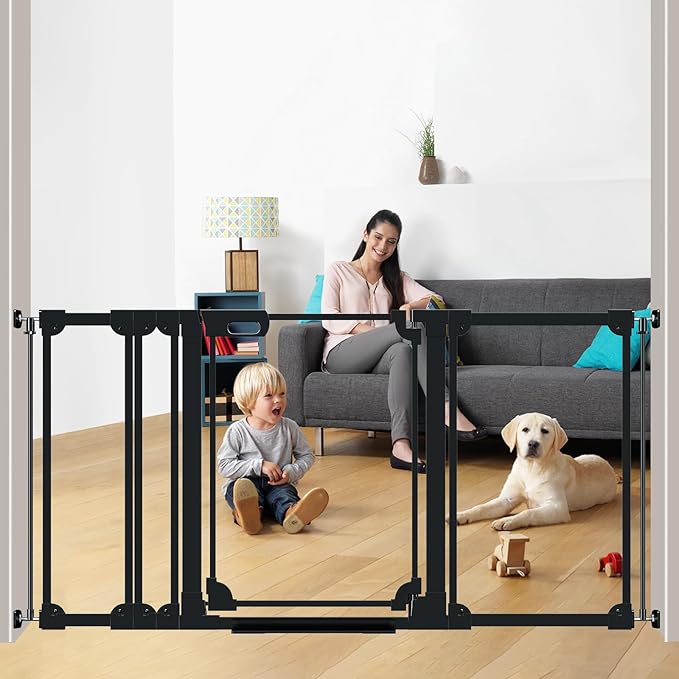 AiWMGL Clear Baby Gate for Stairs,57.87-66.14" Wide, Auto Close Acrylic Pet Gate, Pressure Mounted Clear Dog gate for Doorways, Safety Baby Gate, Indoor, Hallway, Kitchen,Black