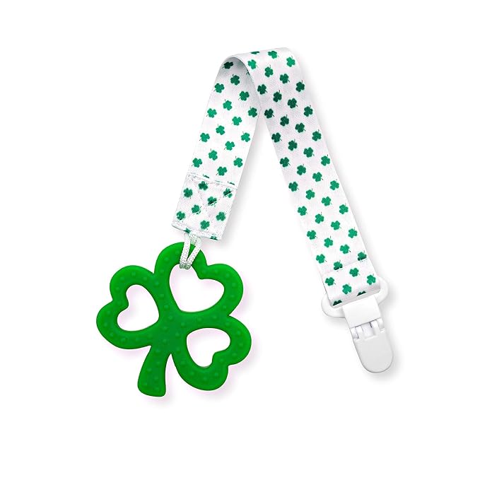 Clover Child Irish Baby Teething Toy - Shamrock Clover Teether & Pacifier Clip- Multi Textured, Soft, BPA Free Silicone