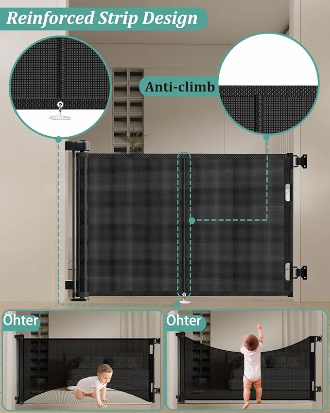 Miumoon 59 inch Retractable Baby Gates 42 inch Tall, Retractable Gate with Reinforced Strip Design to Prevent Crawling Through, 5 FT Retractable Dog Gate for Stairs, Doorways, Hallways, Indoor/Outdoor