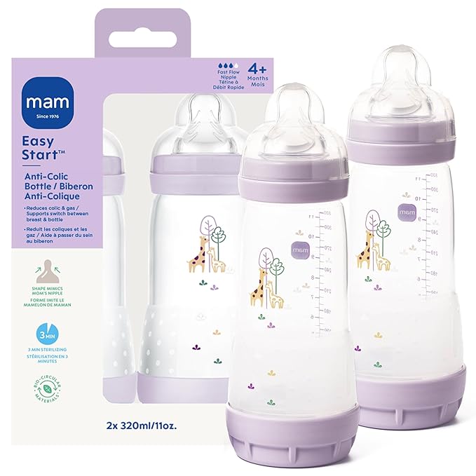 MAM 11oz Easy Start Anti-Colic Wide Neck Baby Bottle, Fast Flow Breastfeeding-Like Nipple, Reduces Colic Gas & Reflux, Easy to Clean, BPA Free, 4+ Months, Made in Europe, 2 Pack