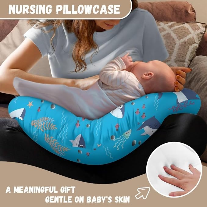 Sea Sharks Breastfeeding Pillow Support Cover Comfortable & Gentle on Baby Skin Fabric Newborn Nursing Pillow Slipcover Case with Hidden Zipper for Boys Girls