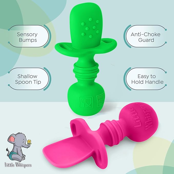 LittleWhispers Baby Silicone Spoons - Self Feeding 6 Months - Infant, Toddler, & Kid Friendly Utensils - First Stage, Baby Led Weaning - 4 Pack Utensil Set (Neon)