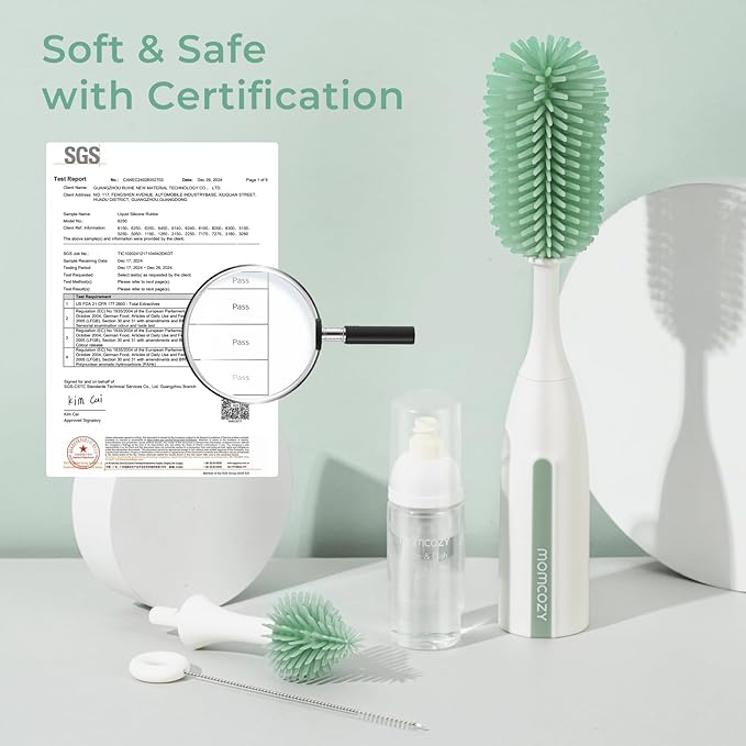 Momcozy Bottle Brush Kit Pro, Innovative Push-Press Design for Deep Cleaning - Bottle Cleaner Brush for Bottle/Breast Pumps/Nipple - Clog-Free Brush & Foam-Generating Design for Better Cleaning, Green