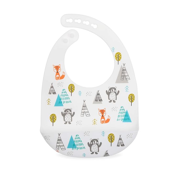 Nuby 2 Pack Adjustable Easy Clean Soft Silicone Bibs with Scoop, Arrows & Bears/Foxes