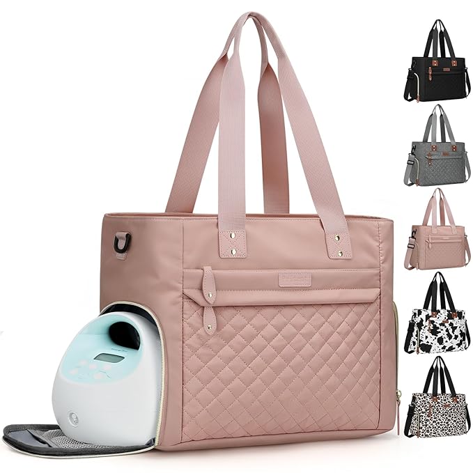 Pritent Diaper Bag Tote for Working Mom, Large Travel Diaper Tote for Mom and Dad with 14 Inch Laptop Sleeve, Mommy Maternity Travel Baby Bag for Boys and Girls, Pink