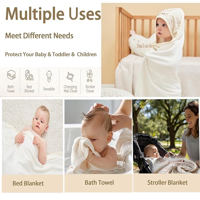 6-Pack Organic Cotton Baby Bath Set - Embroidered Hooded Towel & 5 Soft Washcloths, Ultra Soft Newborn, Toddlers, Registry Gift for Boys & Girls, Brown 37.5 x 37.5 Inches