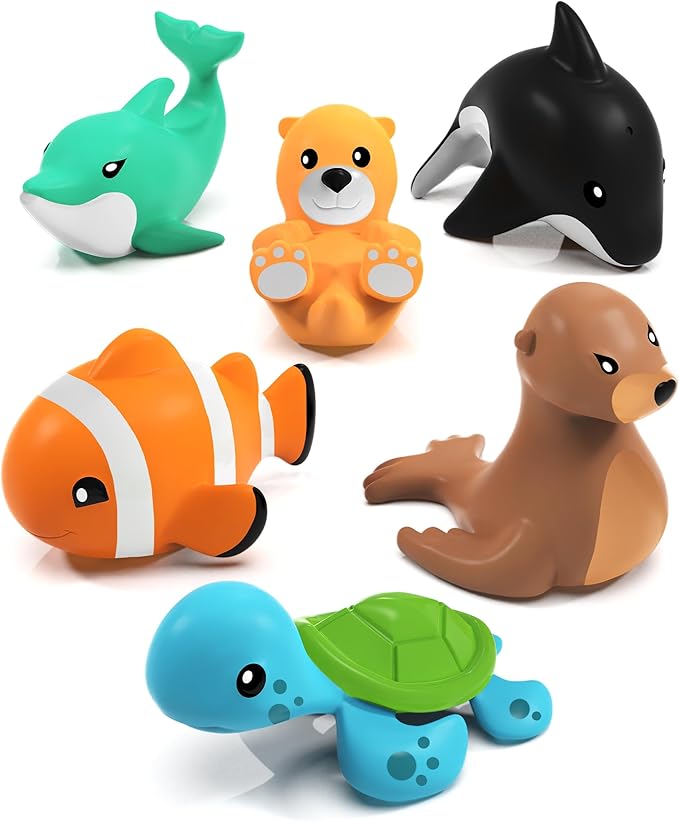 Tub Works® Marine??Mold Free Bath Toys, 6 Pack | Sealed, No Hole Bath Toys Design Keeps Moisture Out | Soft, Squeezable & Float on Water | Easy-Grip Baby & Toddler Bath Toy Set | Great Baby Pool Toys