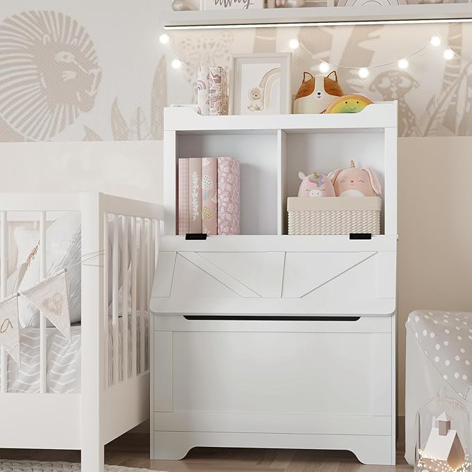 Kids Bookshelf, Toy Storage Organizer with Flip-Top Lid and Cubby, Wood Kids Bookcases Fit for Playroom, Children's Room, Bedroom, Nursery School