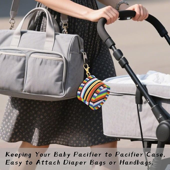 Stripes Rainbow Pacifier Holder Case Newborn Pacifier Storage Pouch for Boys Girls Easy Attach to Diaper Bag Portable Baby Essentials Container