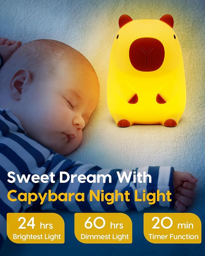 Amaredom Capybara Night Light, Adorable Capybara Lamp, Silicone Dimmable Nursery Nightlight, Rechargeable for Kids with 20 Minutes Timer & Tap Control for Baby Girls Women Bedrooms, Living Room