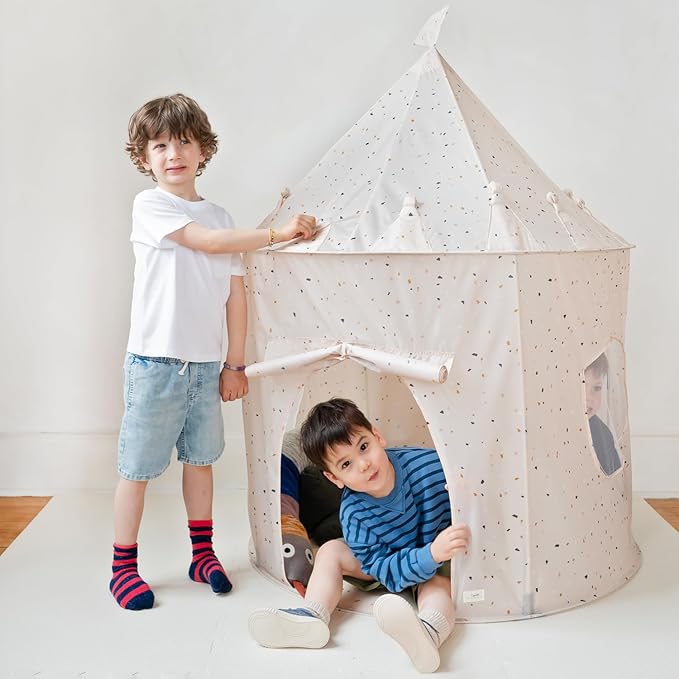 3 Sprouts Kids Play Tent - Sustainable Recycled Fabric ??Fun Spacious Childs Playhouse for Indoor Games for Boys & Girls - Durable Fort Pop Up House for Toddlers & Children Age 3-10 - Terrazzo Beige