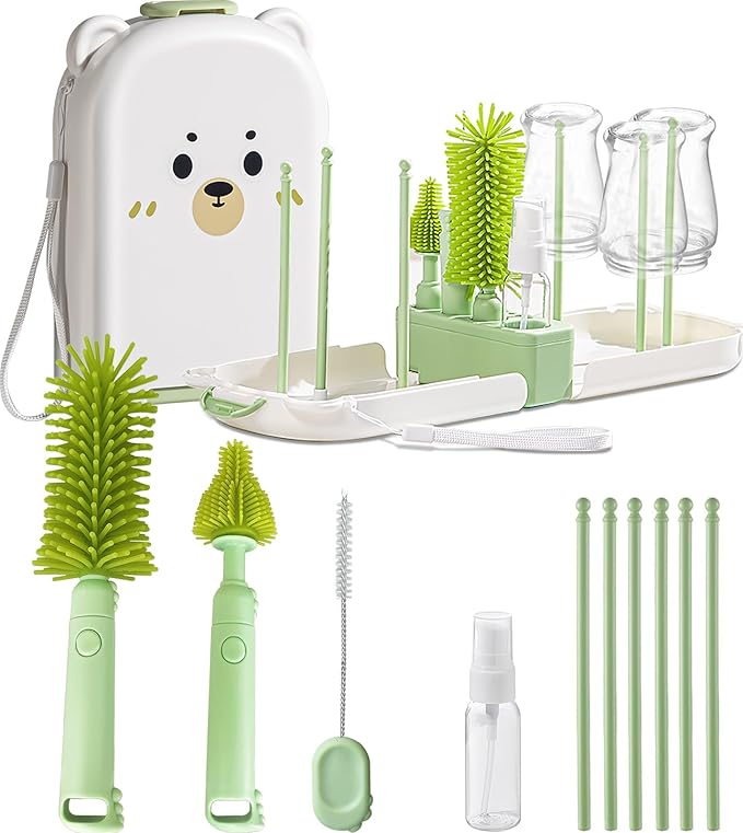 Travel Baby Bottle Cleaner Kit with Storage Case ??6-in-1 Compact Bottle Brush Set for Infant Feeding, Breast Pump Parts & On-The-Go Washing ??Baby Travel Essentials for Flying (Green)