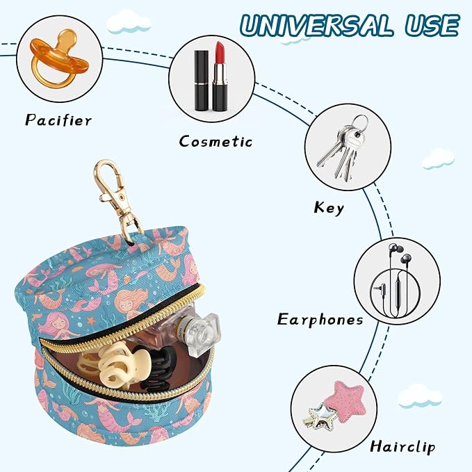 Cartoon Mermaid Coral Blue Print Pacifier Holder Case for Diaper Bag Portable Travel Pacifier Storage Case with Clip Newborn Baby Pouch for Baby Boys Girls Outdoor Purse