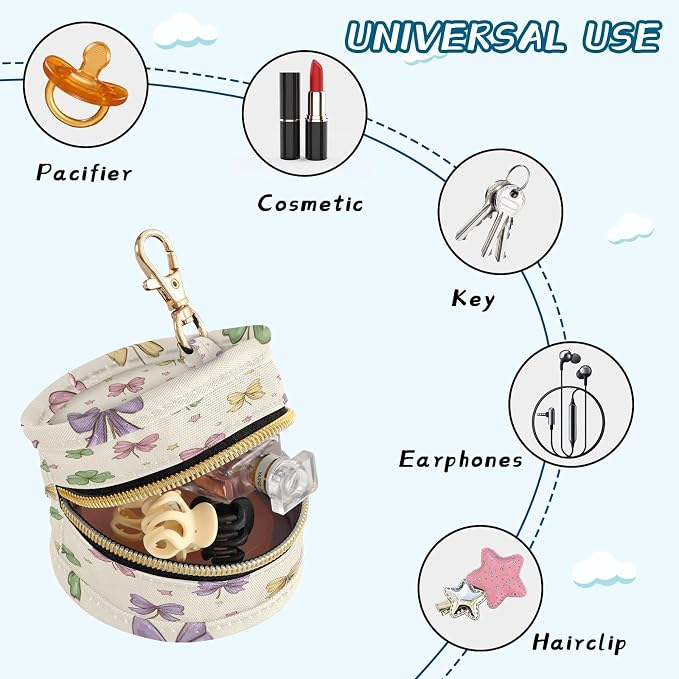 Pacifier Holder with Clip Pacifier Case for Diaper Bag Round Baby Pacifier Pouch Box Bag Portable Elegant Clovers Bows Stars
