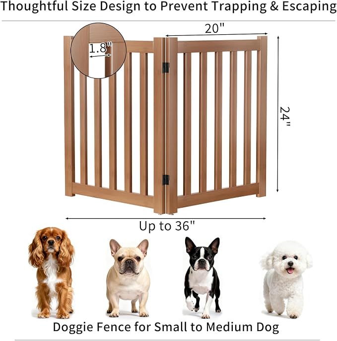 Wooden Freestanding Foldable Dog Gate, 24 Inch Height 2 Panel Pet Gate No Drill for Doorways Stairs, Fully Assembled Indoor Puppy Fence (Brown, 40" W x 24" H)