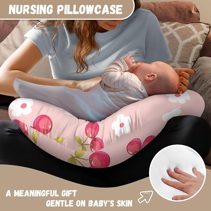 Pink Cherry and Floral Nursing Pillow Cover Slipcover for Breastfeeding Pillows, Soft and Stretchy Safely Breastfeeding Pillow Cover Easy to Clean