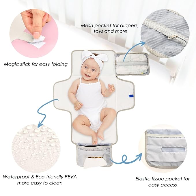 Pink Portable Diaper Changing Pad for Baby, Waterproof & Foldable Changing Mat, Soft & Comfortable with Wipes Pocket, Baby Essentials