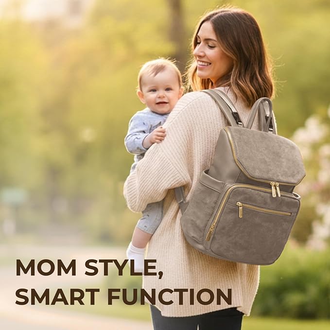 miss fong Diaper Bag Backpack - Large Diaper Bag Backpack Baby Backpack Suede Diaper Backpack with 14 Pockets, Pañaleras Para Bebe with Waterproof Wet Pocket Luggage Sleeve for Mom Dad-Taupe