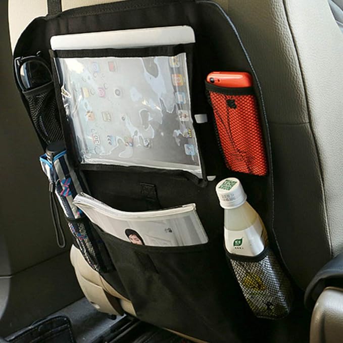 Car Organizer Back Seat Travel Storage with Cup Holders & Tablet Pouch Kick Mats