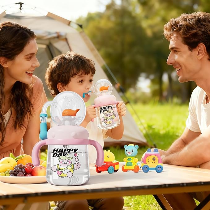 Comobebe Whale Fountain Cup for Kids Toddlers: 10oz/300ml Spill Proof Toddler Sippy,Straw Cup with Handle & Strap, BPA-Free forsippy cups for toddlers 1-3,Kids Water Bottle (Pink)