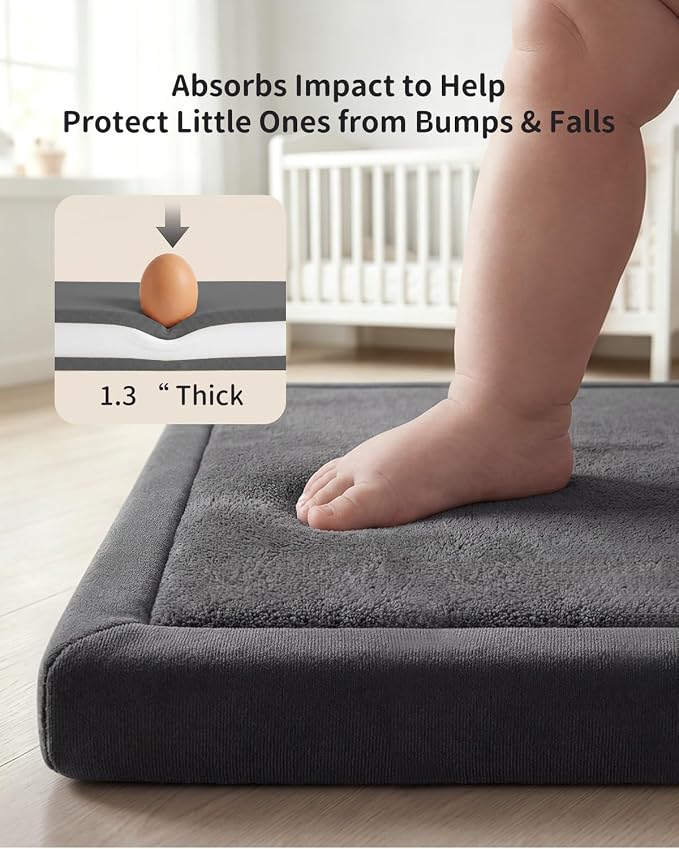 Goyuu Ultra Soft 1.3" Thick Baby Play Mat for Floor, 79x118 Playpen Mat Elasti-Foam Padded Crawling Mat for Babies, Toddlers, Infant, Kids, Non-Slip Backing Safe for Tummy Time, Grey