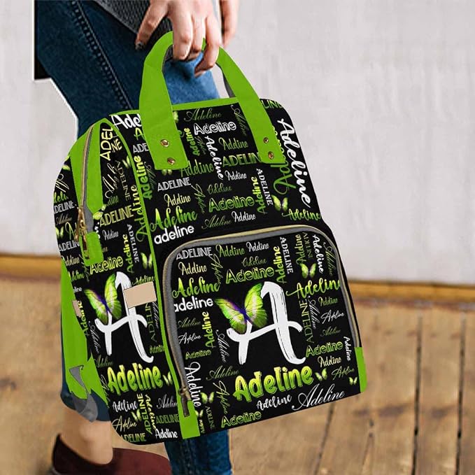 InterestPrint Custom Name Diaper Bag Customized Green Butterfly Signature Nappy Bag Personalized Monogram Laptop Backpack with Name Nursing Bags Shoulders Bag Casual Daypack Travel Bag for Women
