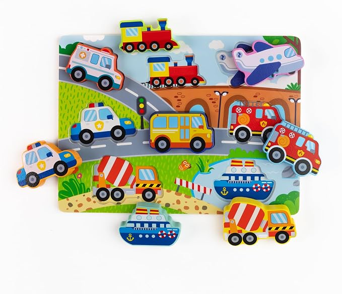 Jasey's Toy Chest Wooden Vehicles Puzzle & Play Pieces - 9-Piece Chunky Wooden Board Set with Train, Airplane, Police Car, Fire Truck, & More for Toddlers Ages 12+ Months